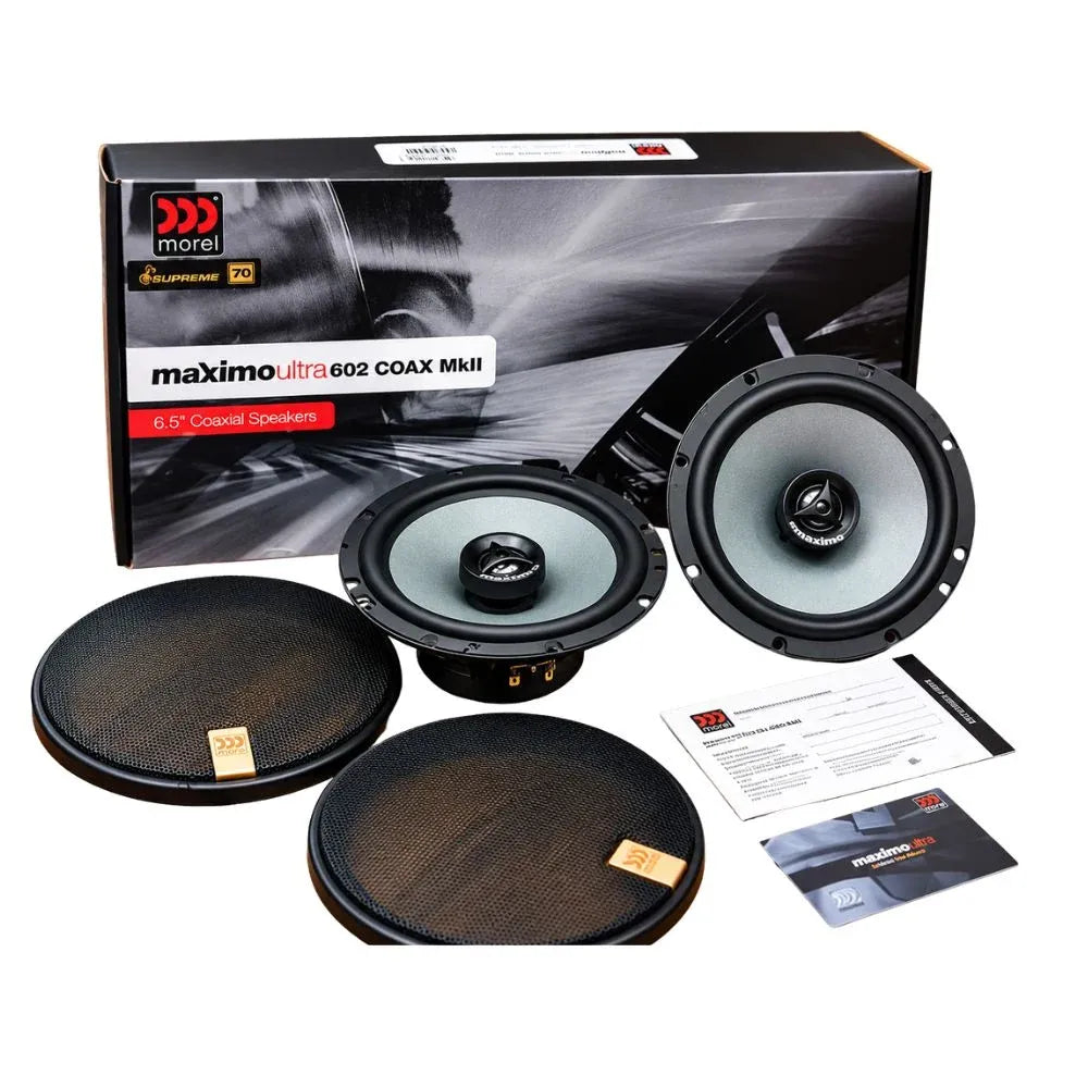 6.5-inch coaxial car speaker set with tweeters and mesh grilles, black drivers