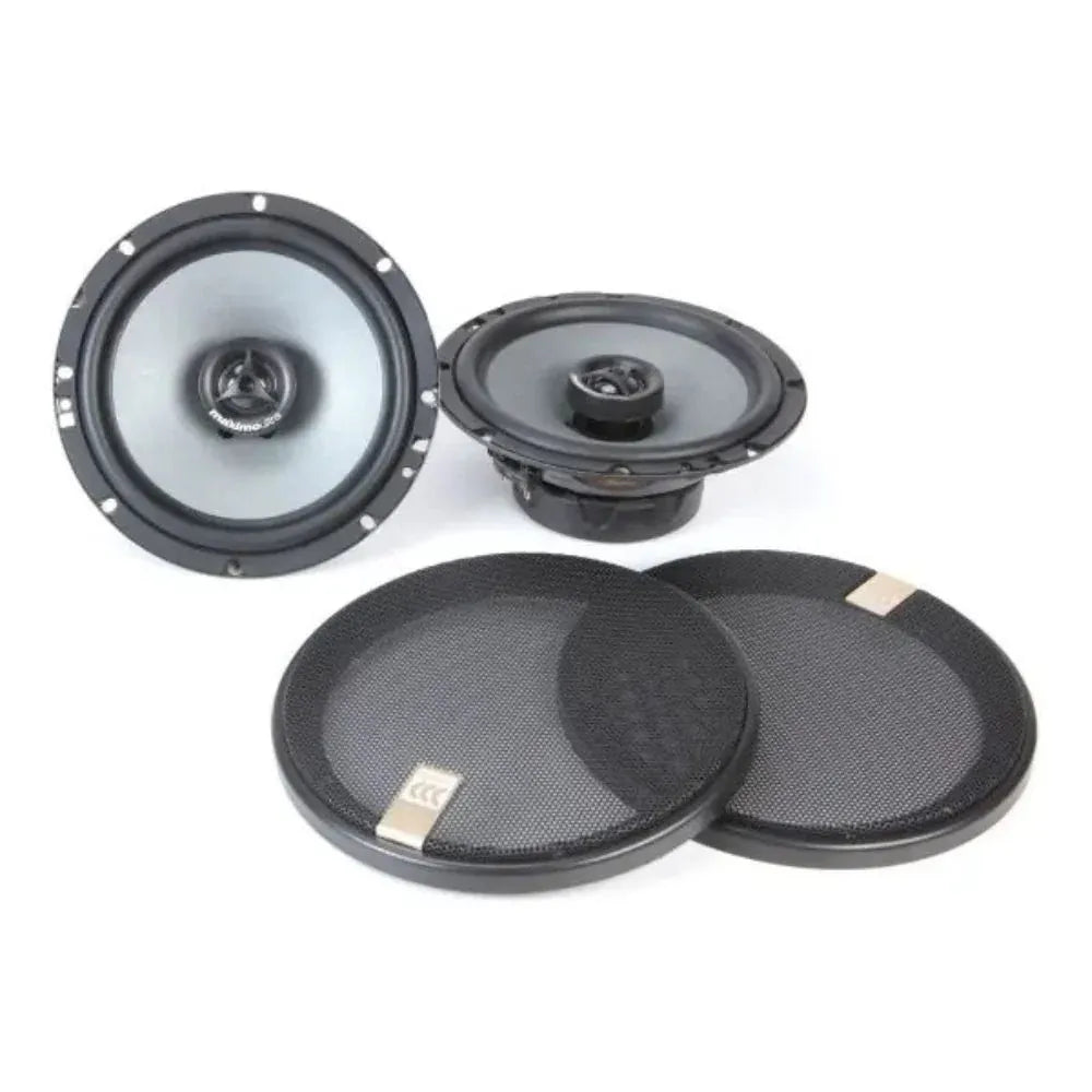Coaxial car speaker pair with round black mesh grilles and tweeters, dark finish