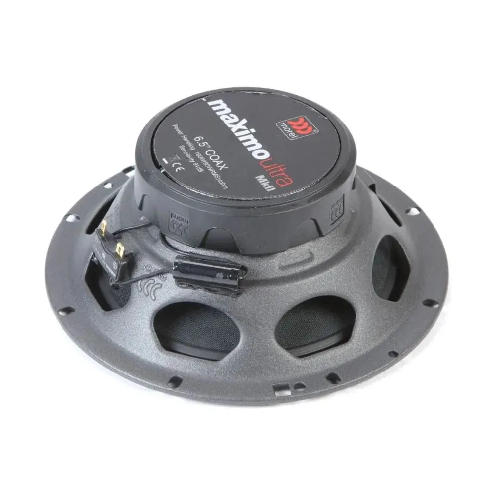 6.5-inch coaxial speaker woofer with black mounting basket and top label