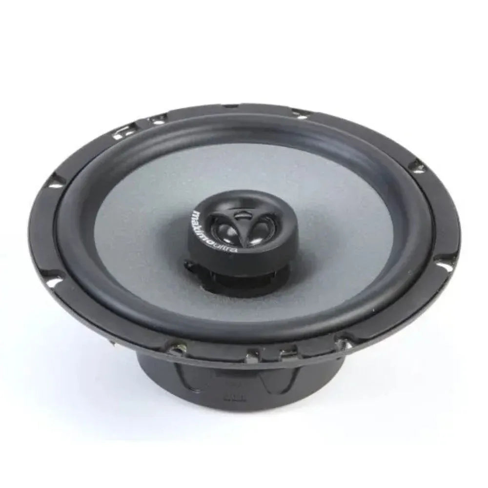 Coaxial car speaker woofer with black cone and central tweeter, mounting holes