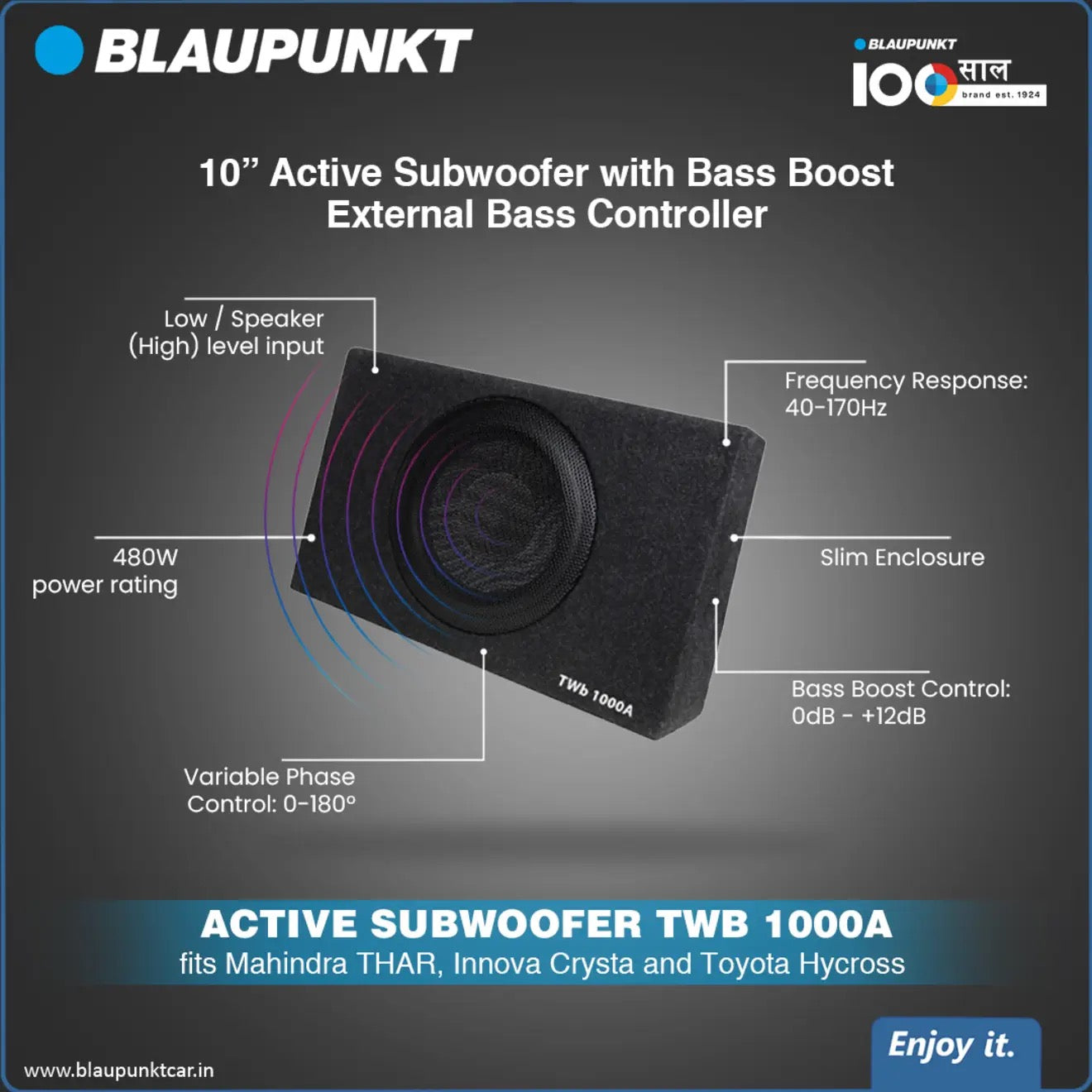 Blaupunkt TWB 1000A 10" Class D Active Bassbox (120W RMS 480W Peak)
