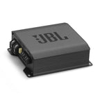 JBL Stage GT80021 2-channel car amplifier with compact design, showing controls and connections on a sleek black unit.