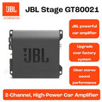 JBL Stage GT80021 2-channel car amplifier showing compact black design with control knobs and connection ports.
