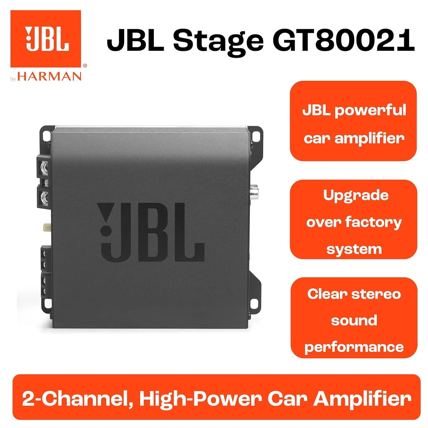 JBL Stage GT80021 2-Channel Car Amplifier | 800W Peak | 260W RMS Bridged | 130W RMS x2 @ 2 Ohm | Compact Class-D Amplifier