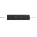 Black speaker crossover box with labeled terminals and wire connections