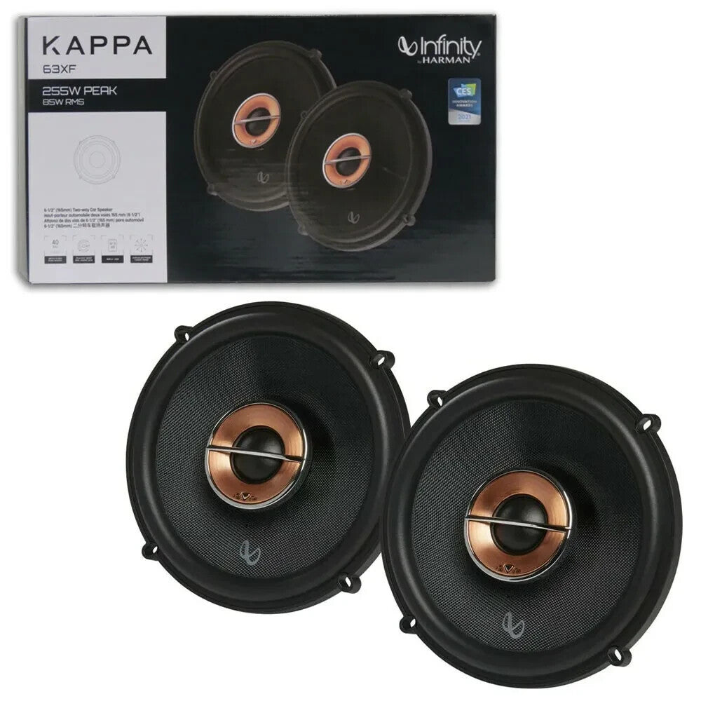 Pair of black car speakers with copper center accents and mesh grilles
