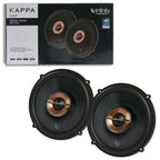 Pair of black car speakers with copper center accents and mesh grilles
