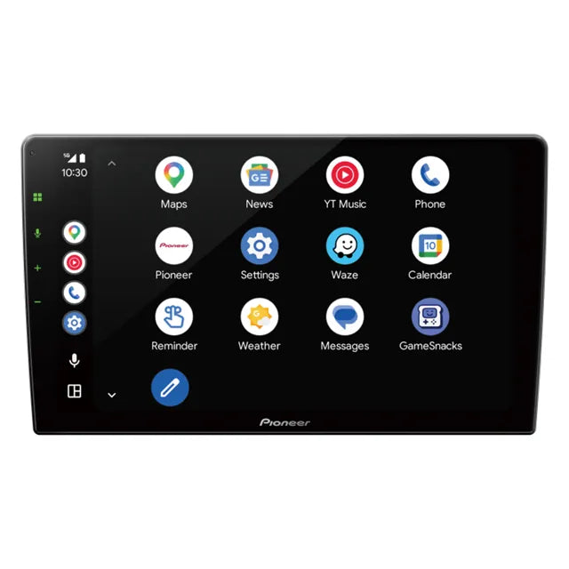 9-inch Pioneer DMH-AP6850BT touchscreen car stereo displaying app icons for navigation, music, and settings.