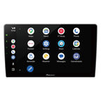 9-inch Pioneer DMH-AP6850BT touchscreen car stereo displaying app icons for navigation, music, and settings.