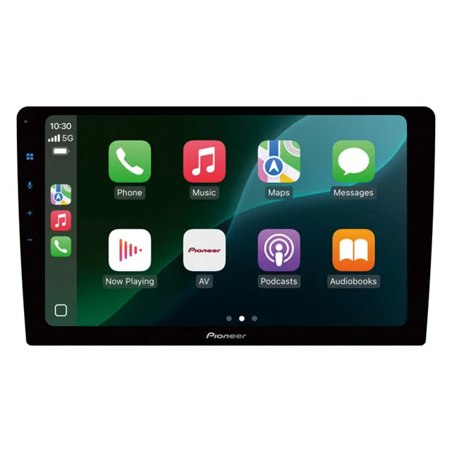 9-inch Pioneer DMH-AP6850BT touchscreen car stereo displaying app icons for phone, music, maps, and audiobooks on a black background.