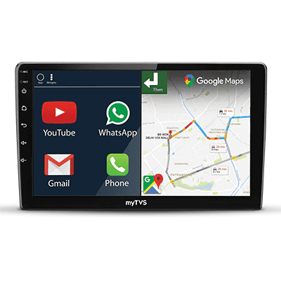 myTVS 9 Inch Car Android Player with T5L Processor, 4GB RAM, 64GB ROM, and Android Auto CarPlay support.