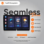 Yuemi V2 Android Car Stereo with a large touchscreen displaying navigation and music options, featuring vibrant colors and icons.