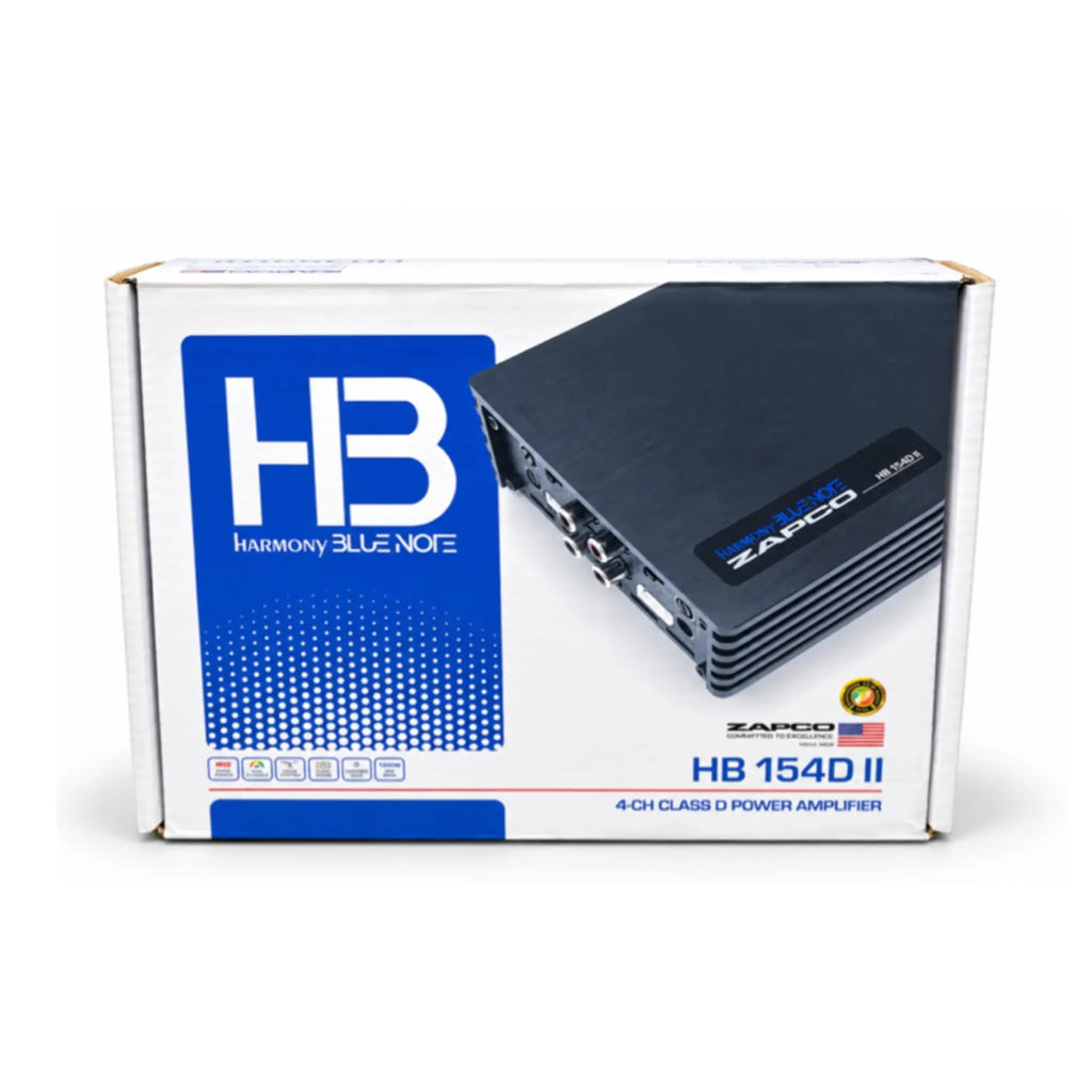 ZAPCO HB 154D II 4-channel car amplifier in a sleek black design, with input/output ports visible on the side.