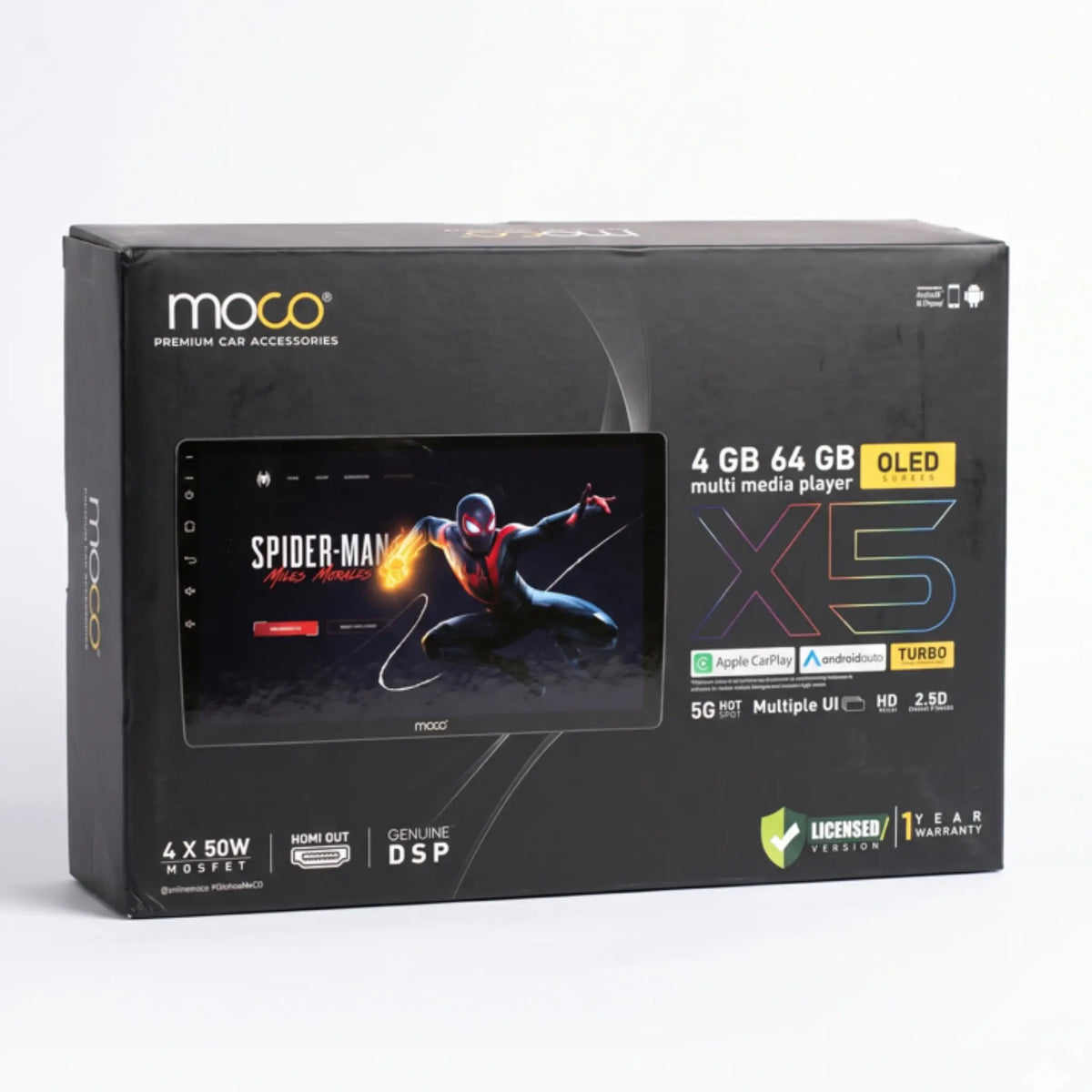MOCO premium car accessories box with 9-inch OLED media player illustration