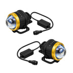 AUCO 3-inch projector LED fog lights with blue lens, gold trim, power leads shown