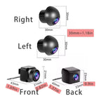 Four compact car cameras in round and rectangular housings with size dimensions