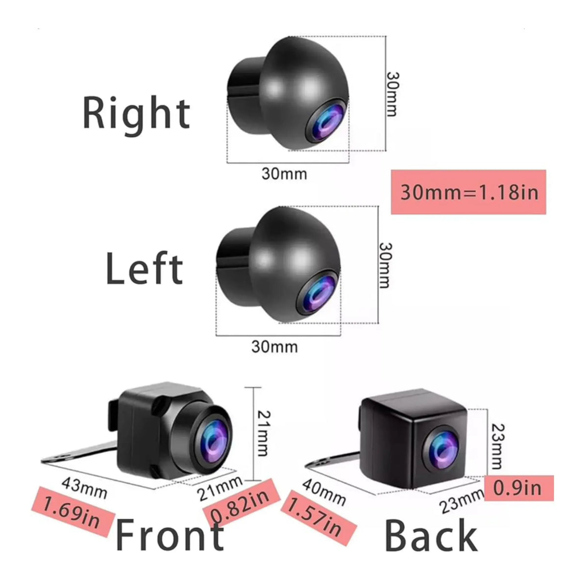 Four compact car cameras in round and rectangular housings with size dimensions