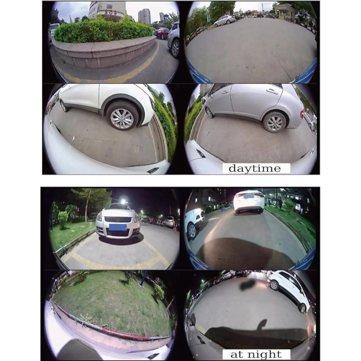 Four-camera system showing split daytime and nighttime vehicle views