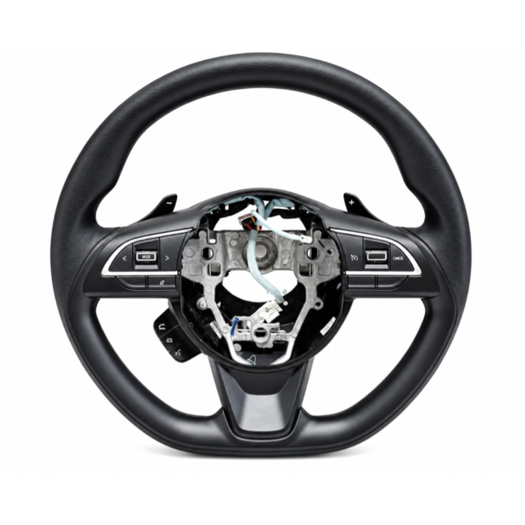 Multi-function black steering wheel for Maruti Suzuki Fronx, featuring paddle shifters and integrated audio controls.