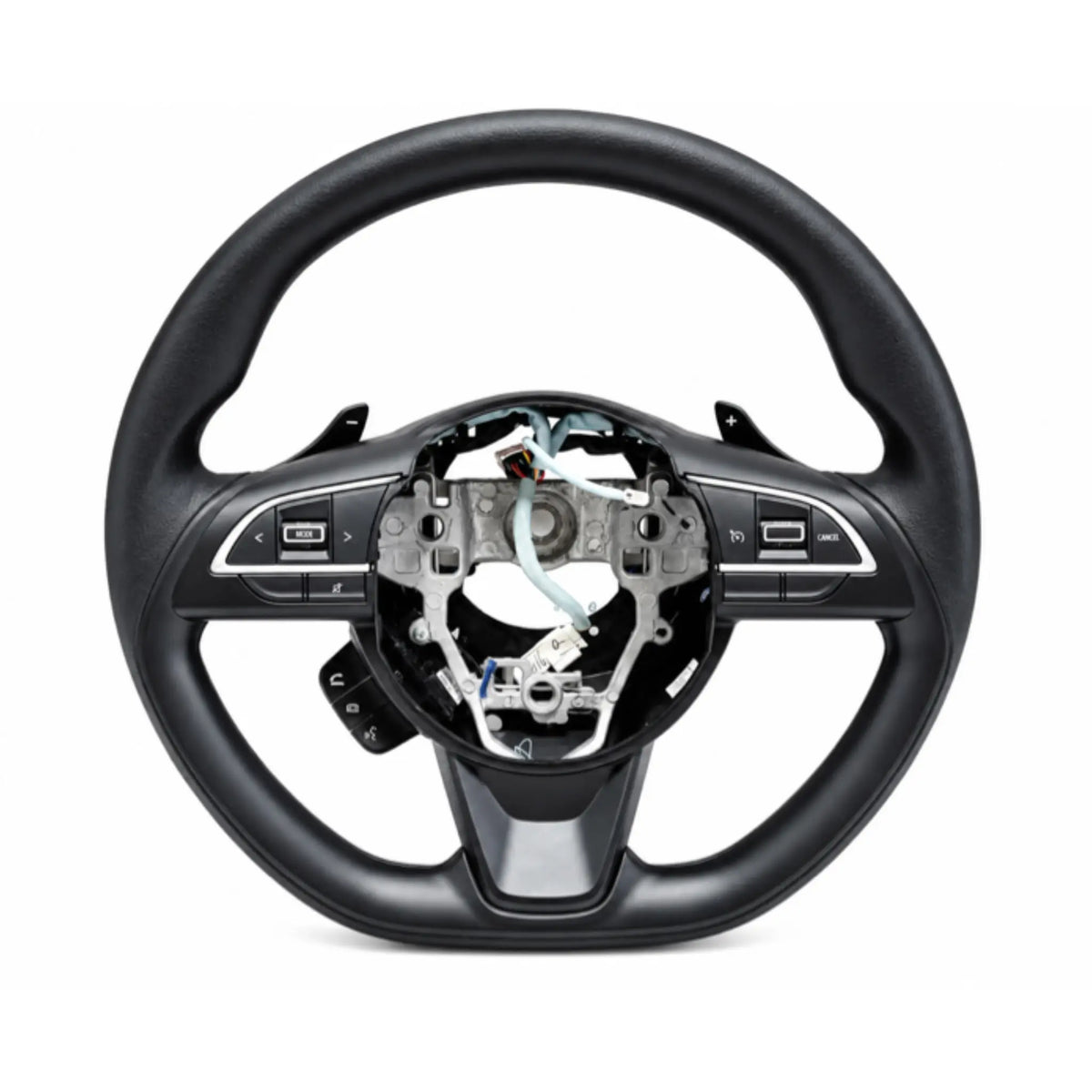 Multi-function black steering wheel for Maruti Suzuki Fronx, featuring paddle shifters and integrated audio controls.