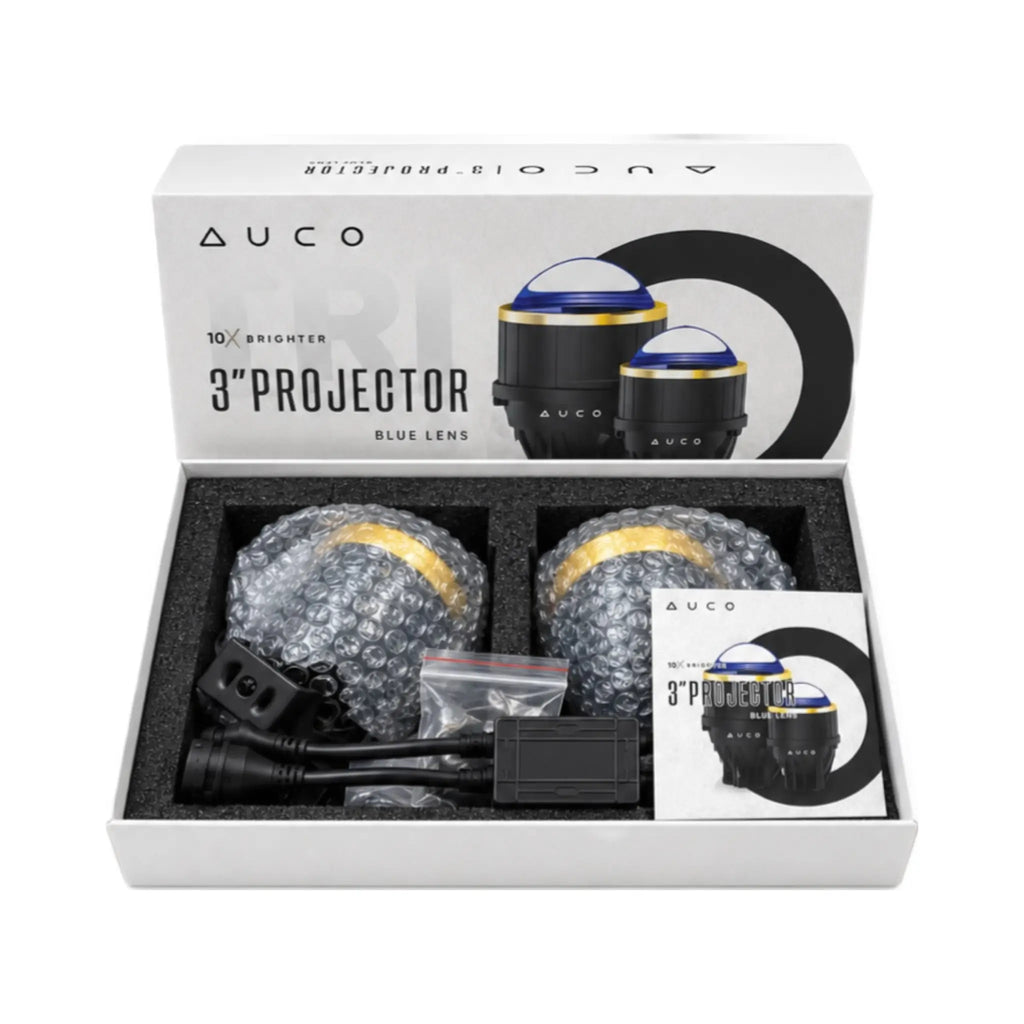 AUCO 3-inch LED projector fog light kit in box: two lights, wiring, mounting parts