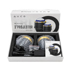 AUCO 3-inch LED projector fog light kit in box: two lights, wiring, mounting parts