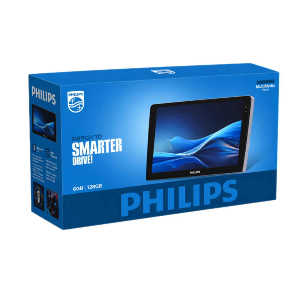 Philips 128GB multi-media tablet retail box in blue, showing the tablet and product details on a white background.
