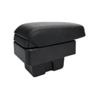 Black leather-wrapped sliding armrest console with padded top and storage compartment