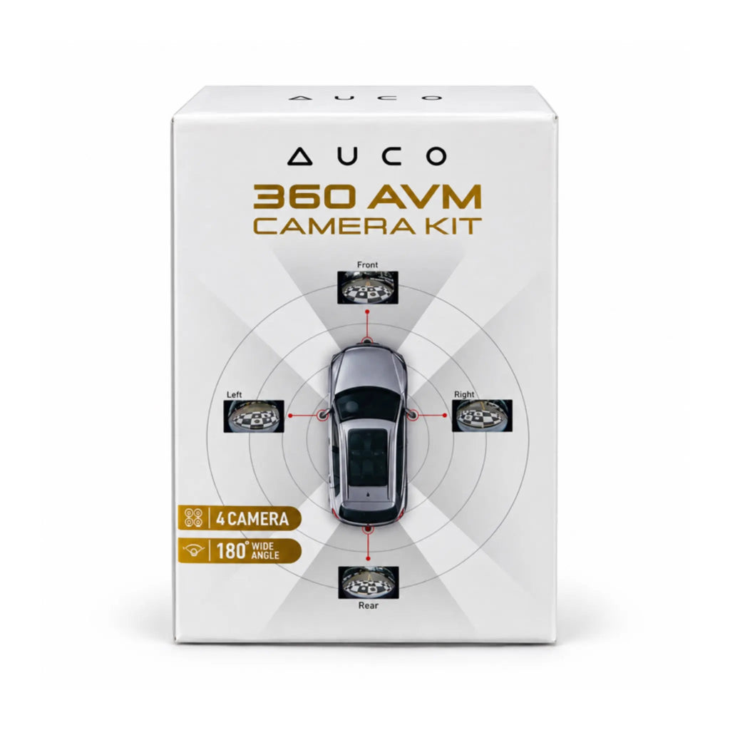AUCO 360 AVM camera kit box showing a car surrounded by four cameras