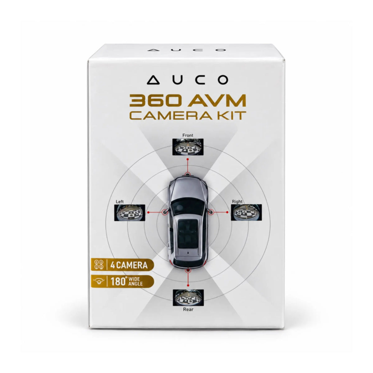 AUCO 360 AVM camera kit box showing a car surrounded by four cameras
