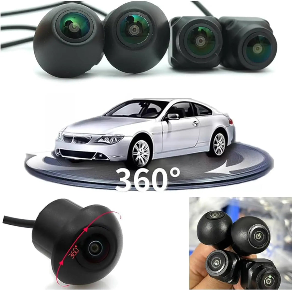 Four car cameras shown with a vehicle for 360-degree surround view