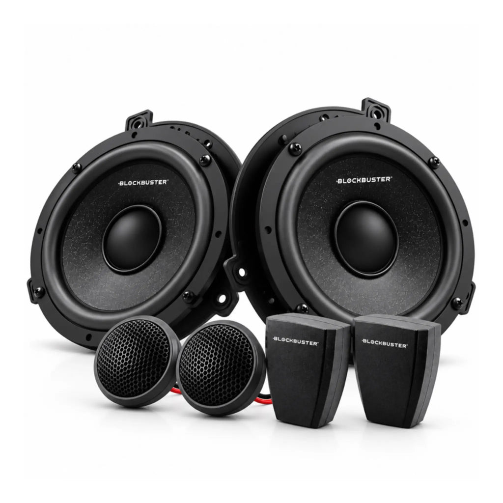 Pair of black component speakers with tweeters and crossover module, front view