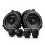 Pair of black component speakers with tweeters and crossover module, front view
