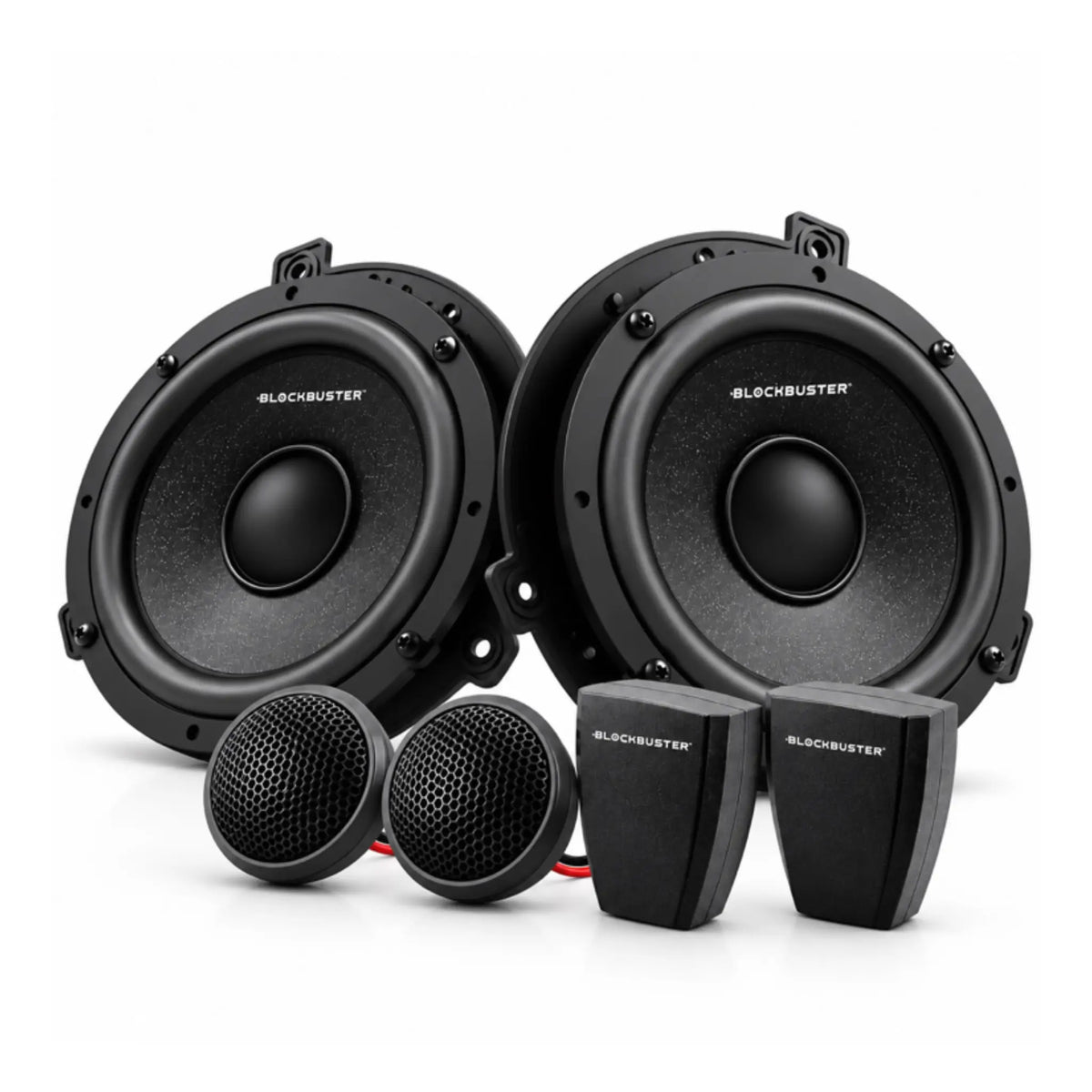 Pair of black component speakers with tweeters and crossover module, front view