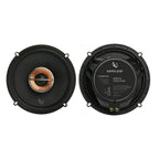 Two black car speakers, rear view with printed specs on mounting cover