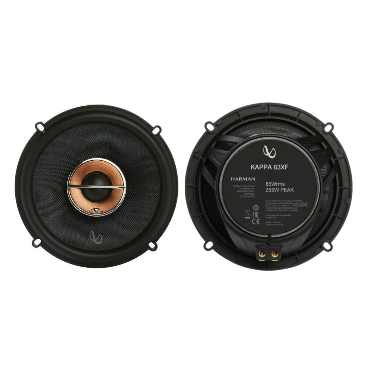 Two black car speakers, rear view with printed specs on mounting cover