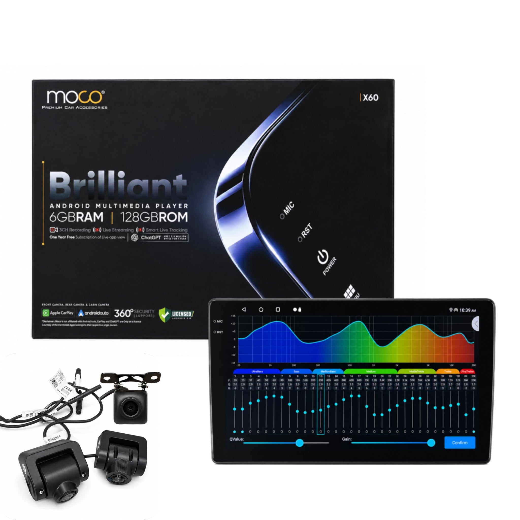 MOCO X60 9 Inch Android Car Stereo 6GB RAM 128GB | 4G Simslot | CarPlay & Android Auto with 3Way Cameras for DVR recording