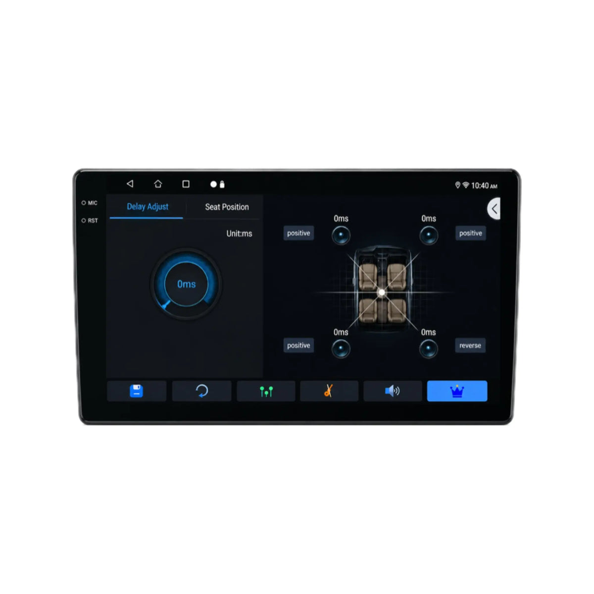 MOCO 9-inch Android car stereo touchscreen showing camera and adjustment menu