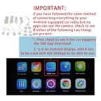 Car camera kit connection guide with a highlighted 360 view app icon