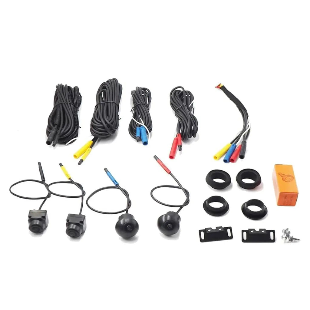 Four-camera kit with cables, mounts, rings, and mounting hardware