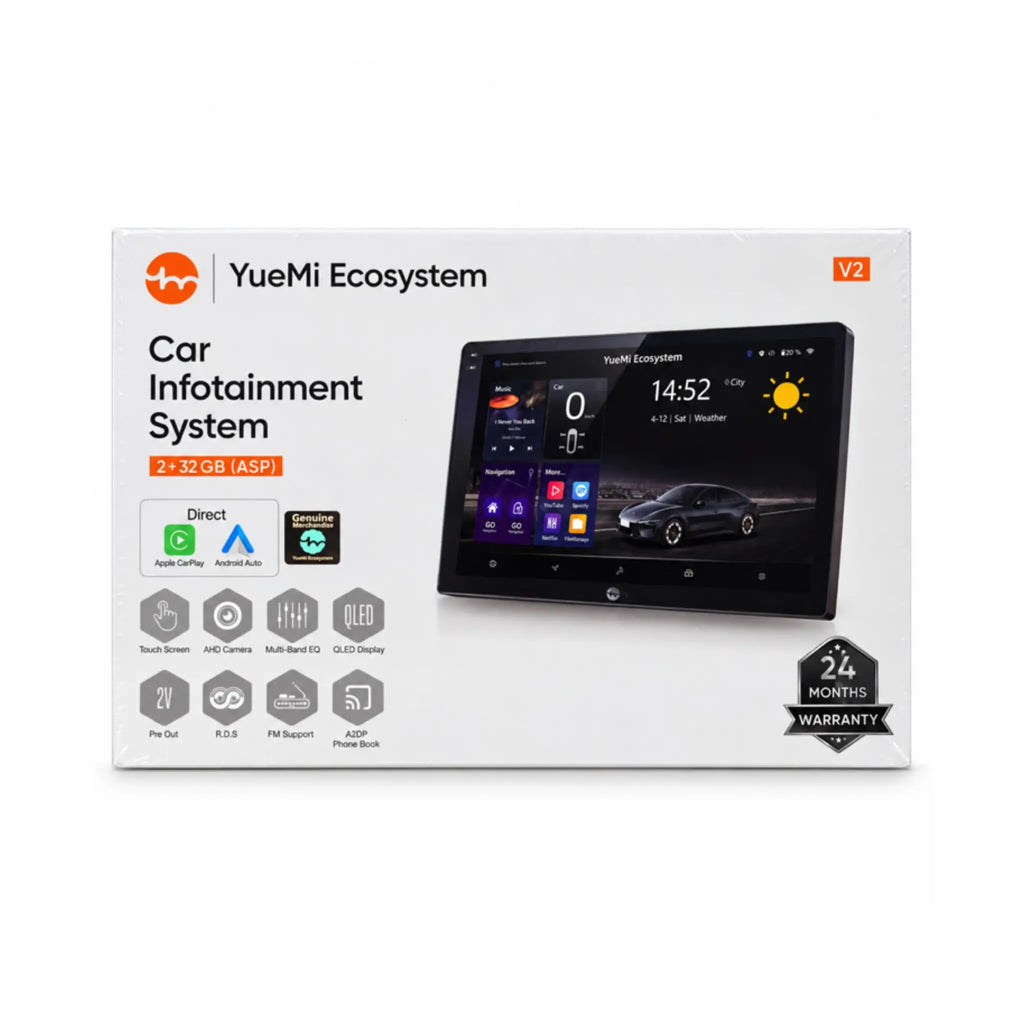 Yuemi V2 Android Car Stereo packaging shows a sleek, modern touchscreen interface with car and weather information.