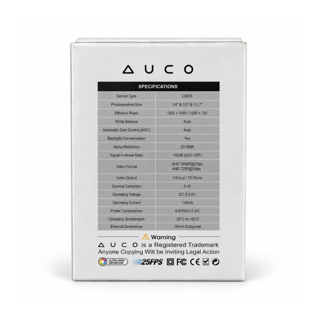 AUCO camera kit box with a printed specifications table
