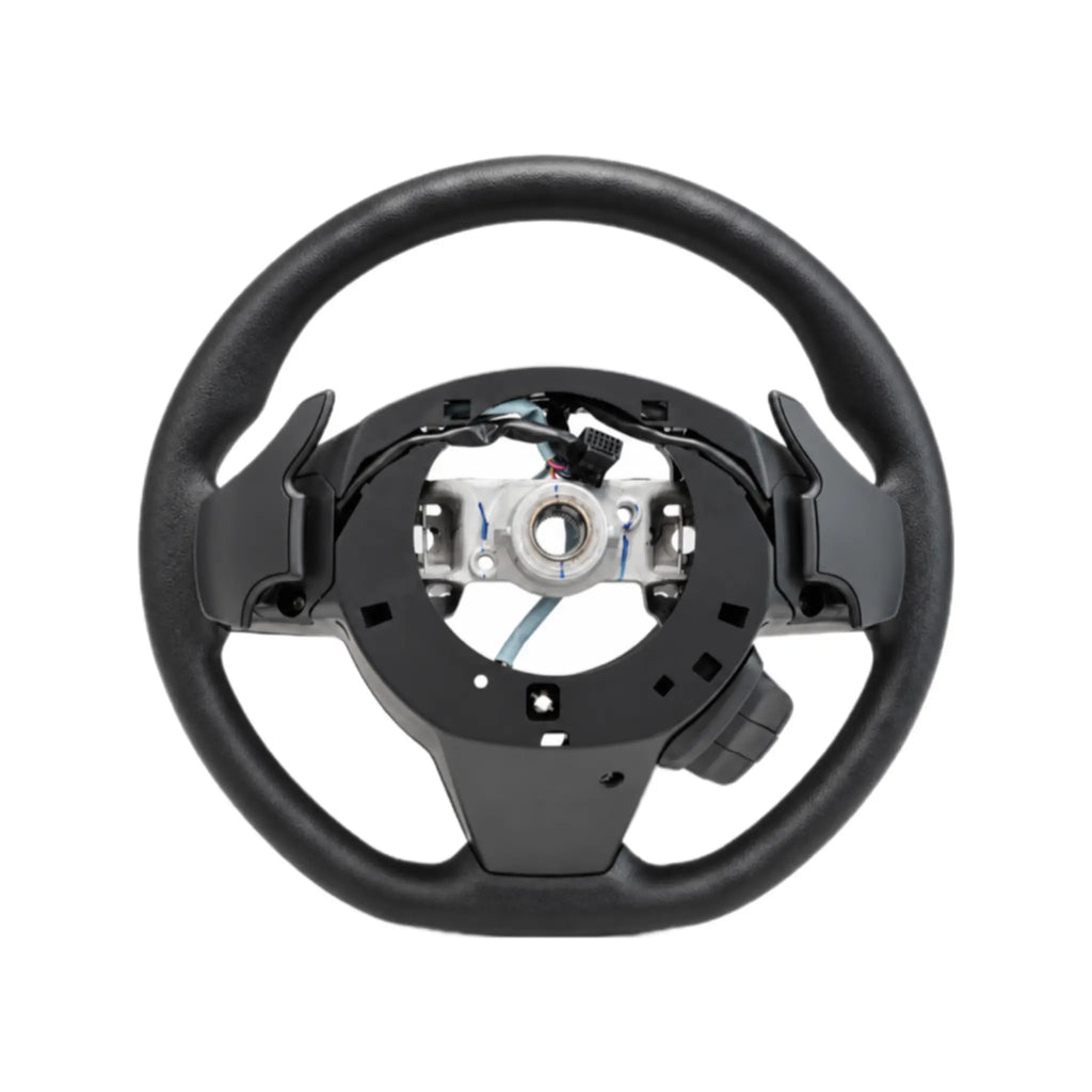Multi-function black steering wheel for Maruti Suzuki Fronx, featuring paddle shifters and various integrated controls.