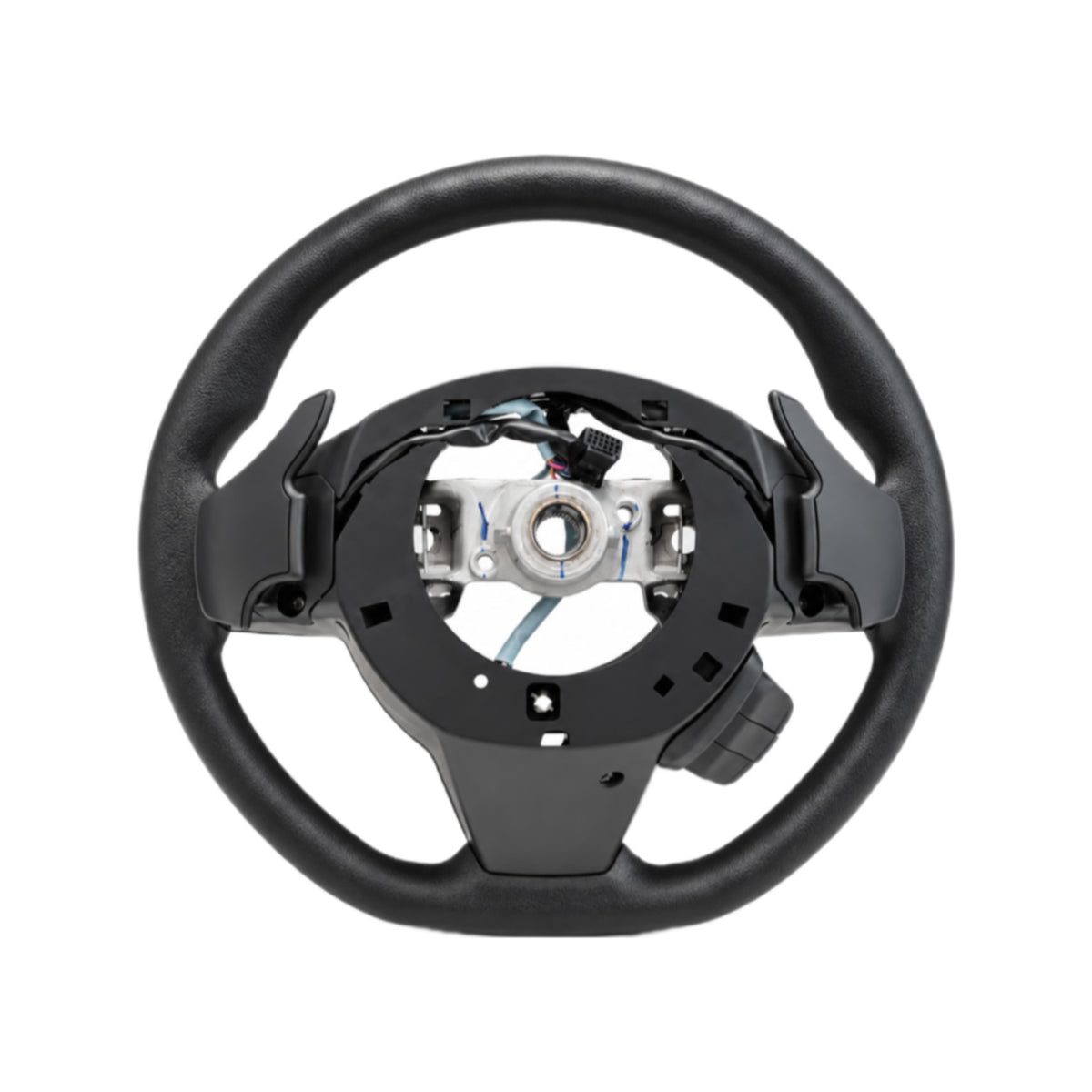 Multi-function black steering wheel for Maruti Suzuki Fronx, featuring paddle shifters and various integrated controls.