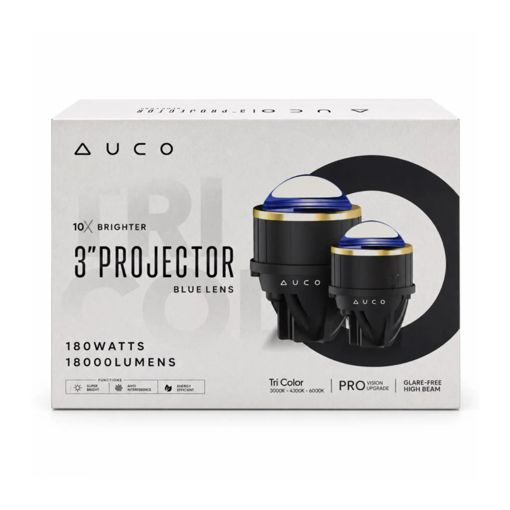 AUCO 3-inch LED projector fog lights set, black housing with blue tri-color lenses